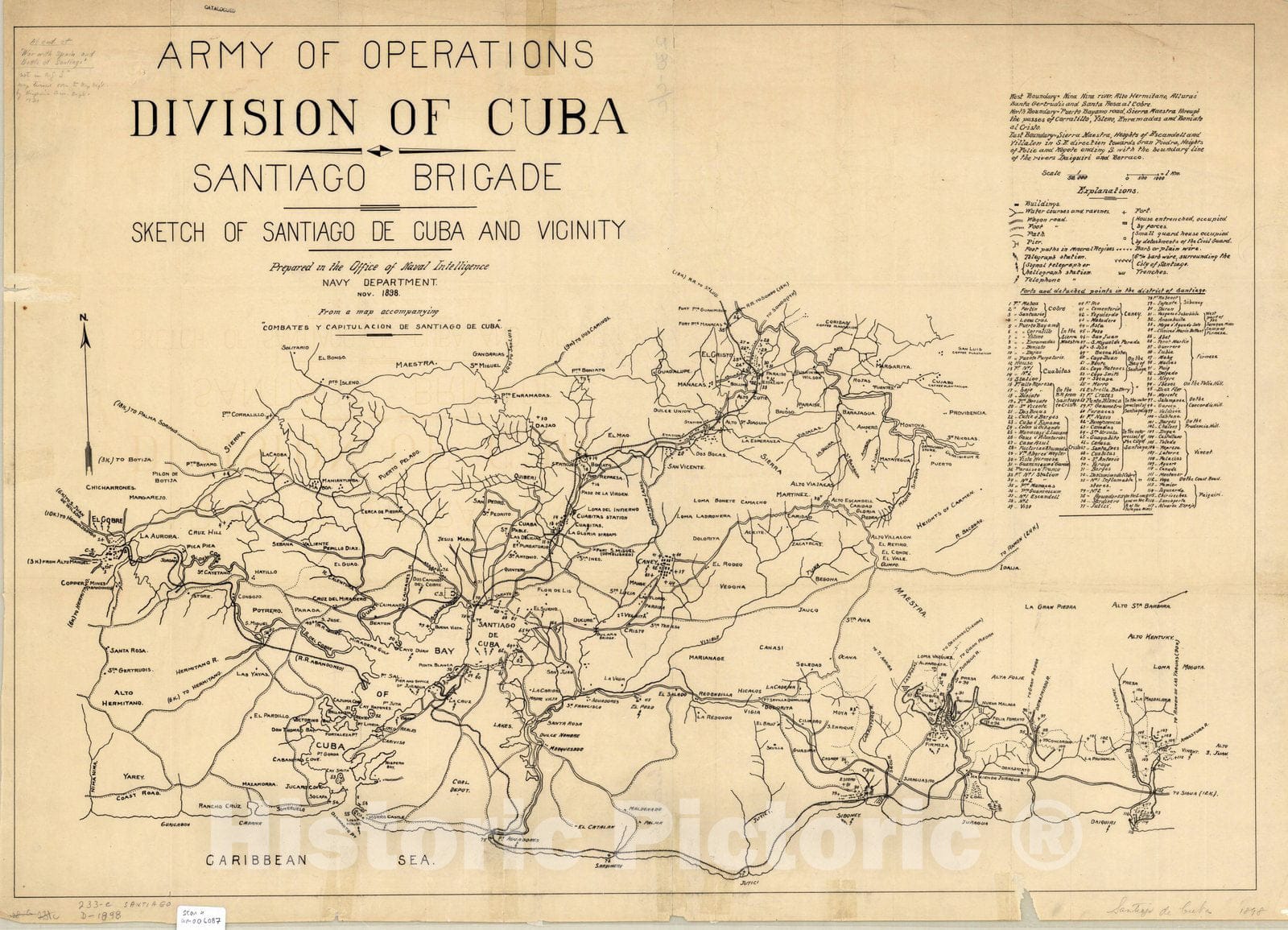 Map : Santiago, Cuba 1898, Army of Operations, Division of Cuba, Santiago Brigade sketch of Santiago de Cuba and vicinity , Antique Vintage Reproduction