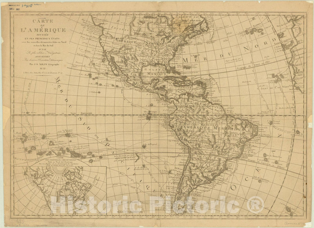 Map : Western Hemisphere 1832, Carte de l'Amerique divisee en ses principaux etats avec les nouvelles decouvertes ... , Antique Vintage Reproduction