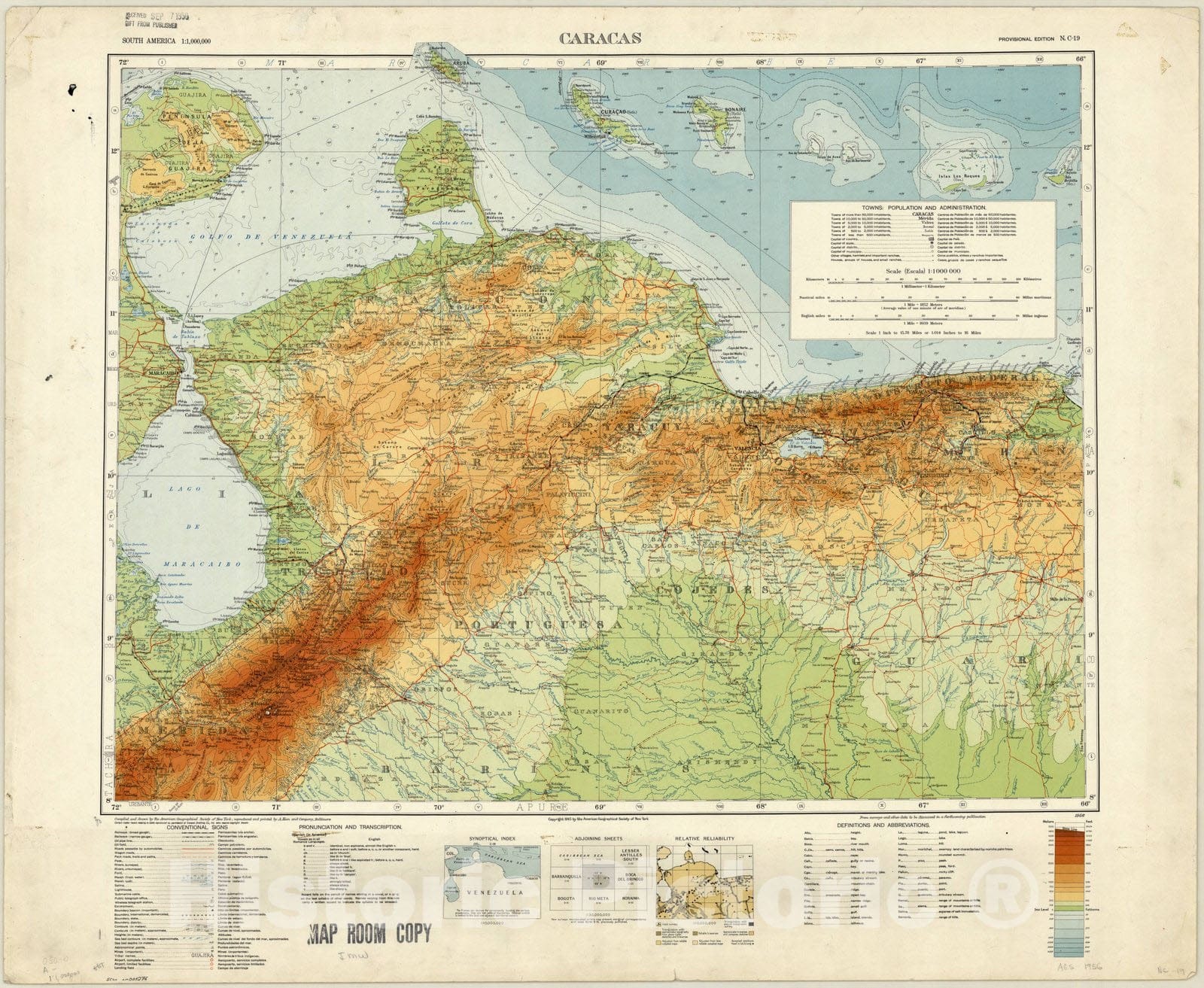 Map : Caracas, Venezuela 1956, South American 1:1,000,000. Caracas , Antique Vintage Reproduction