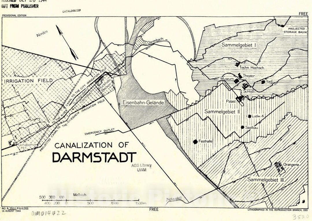 Map : Darmstadt, Germany 1944, Canalization of Darmstadt , Antique Vintage Reproduction