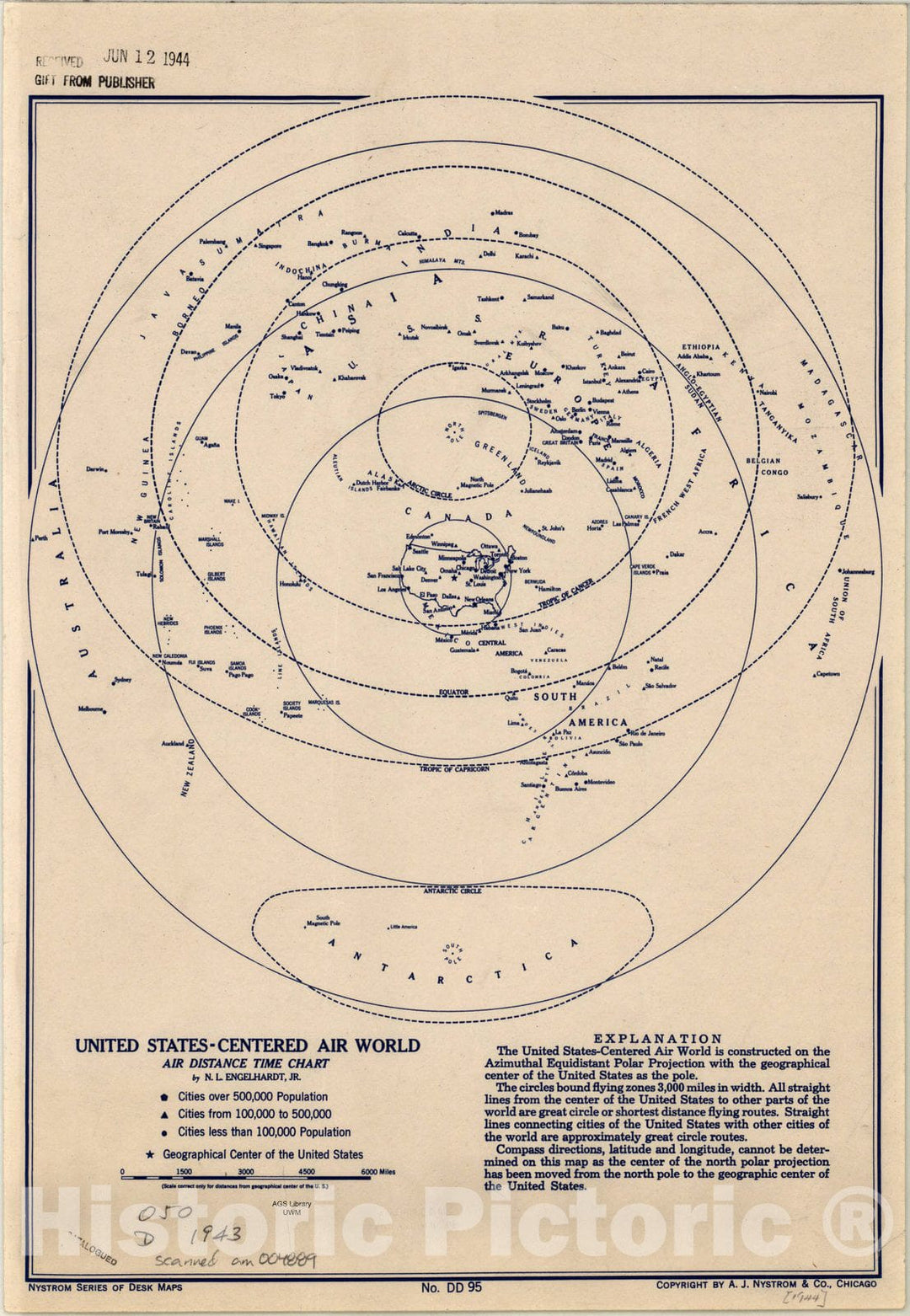 Map : World map 1943, United States-centered air world air distance time chart , Antique Vintage Reproduction