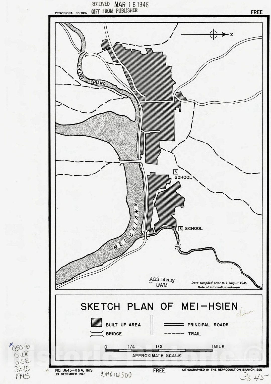 Map : Meixian Shi, China 1945, Sketch plan of Mei-hsien , Antique Vintage Reproduction