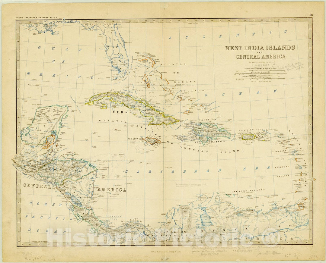 Map : West Indies 1861, West India islands and Central America , Antique Vintage Reproduction