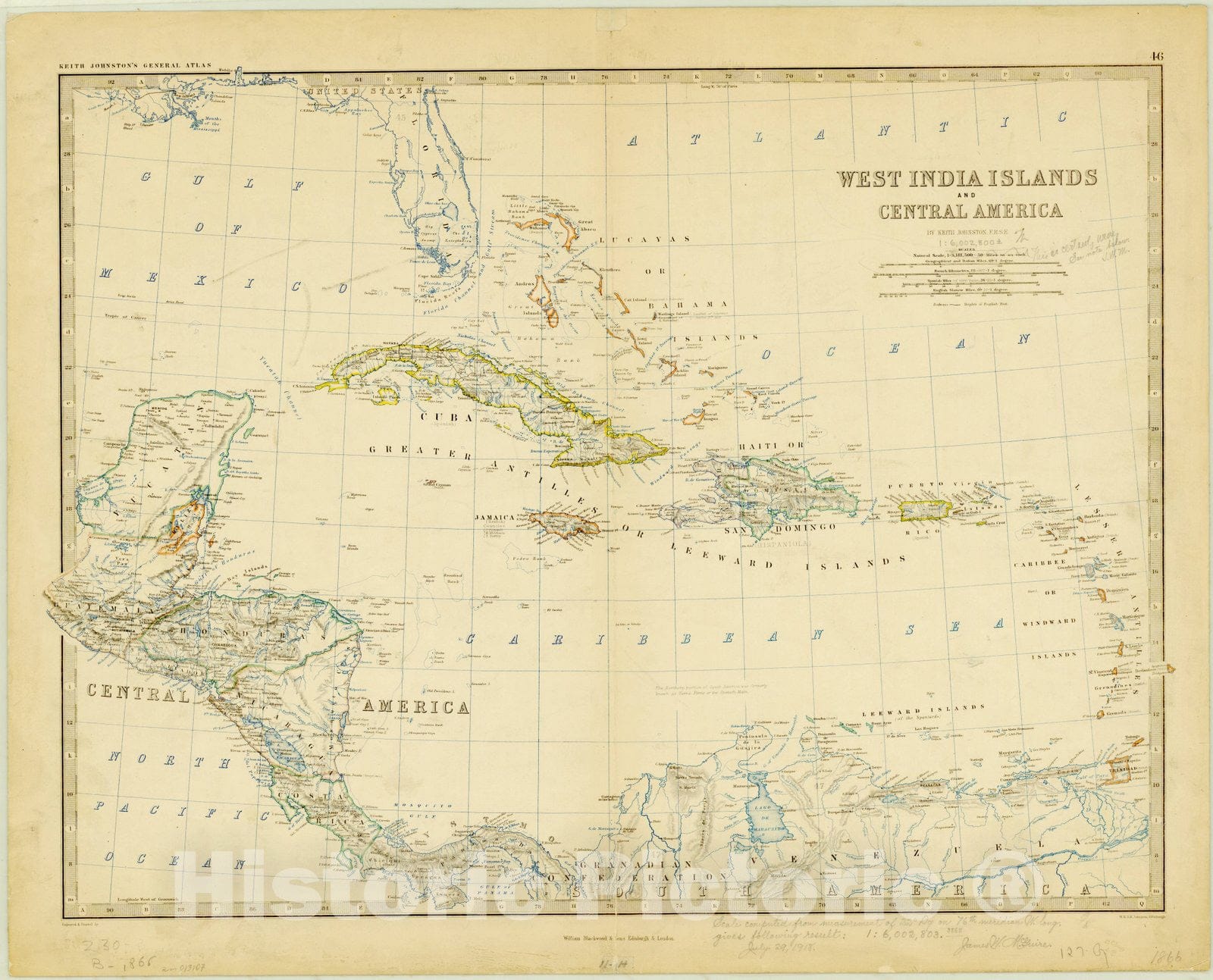 Map : West Indies 1861, West India islands and Central America , Antique Vintage Reproduction