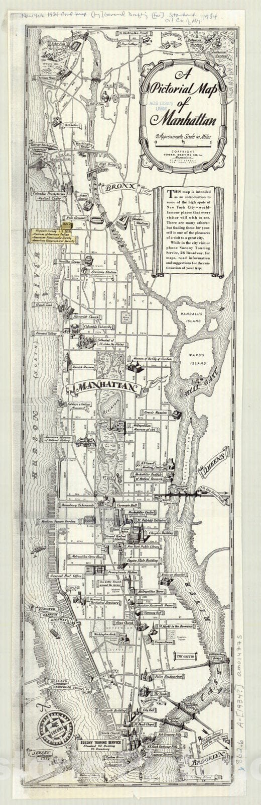 Map : Manhattan 1934, A pictorial map of Manhattan , Antique Vintage Reproduction