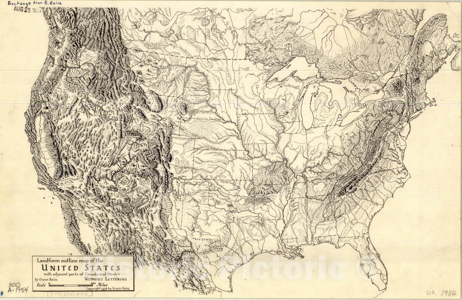 Map : United States 1954, Landform outline map of the United States, with adjacent parts of Canada and Mexico : without lettering , Antique Vintage Reproduction