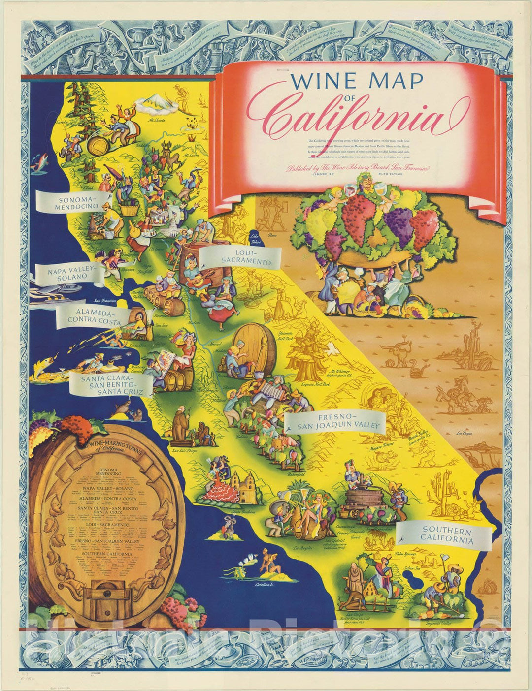 Map : California 1950, Wine map of California , Antique Vintage Reproduction