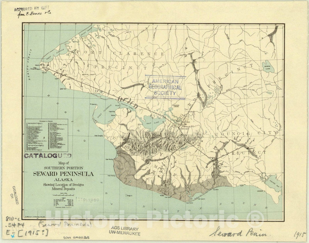 Map : Alaska 1915, Map of southern portion Seward Peninsula, Alaska : showing location of dredges and mineral deposits , Antique Vintage Reproduction