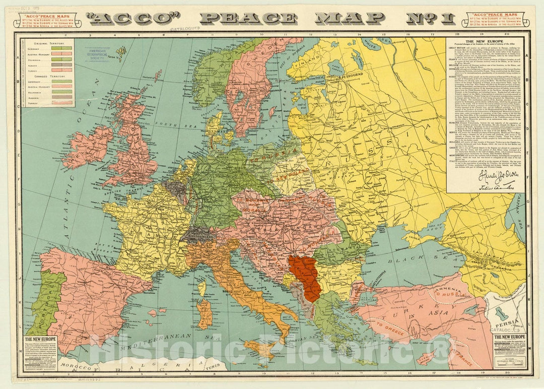 Map : Europe 1915, Acco peace map no. 1: the new Europe if the Allies win , Antique Vintage Reproduction