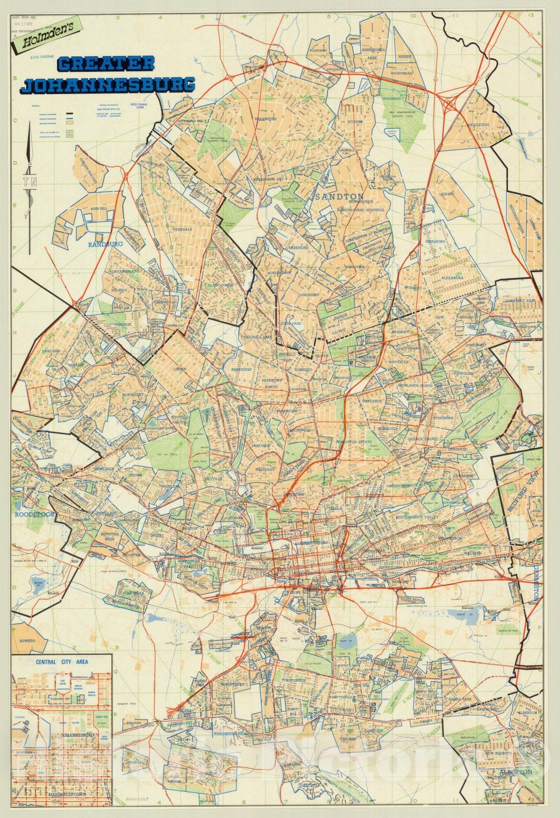 Map : Johannesburg, South Africa 1970, Holmden's Greater Johannesburg , Antique Vintage Reproduction