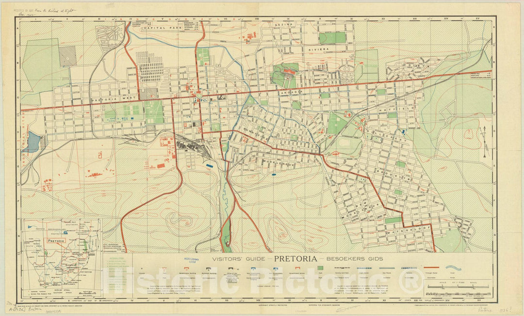 Map : Pretoria, South Africa 1936, Visitors' guide Pretoria, besoekers gids, Antique Vintage Reproduction