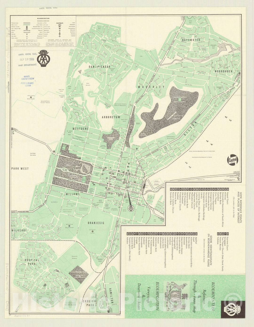 Map : Bloemfontein, South Africa 1963, Bloemfontein reference & through-route map , Antique Vintage Reproduction