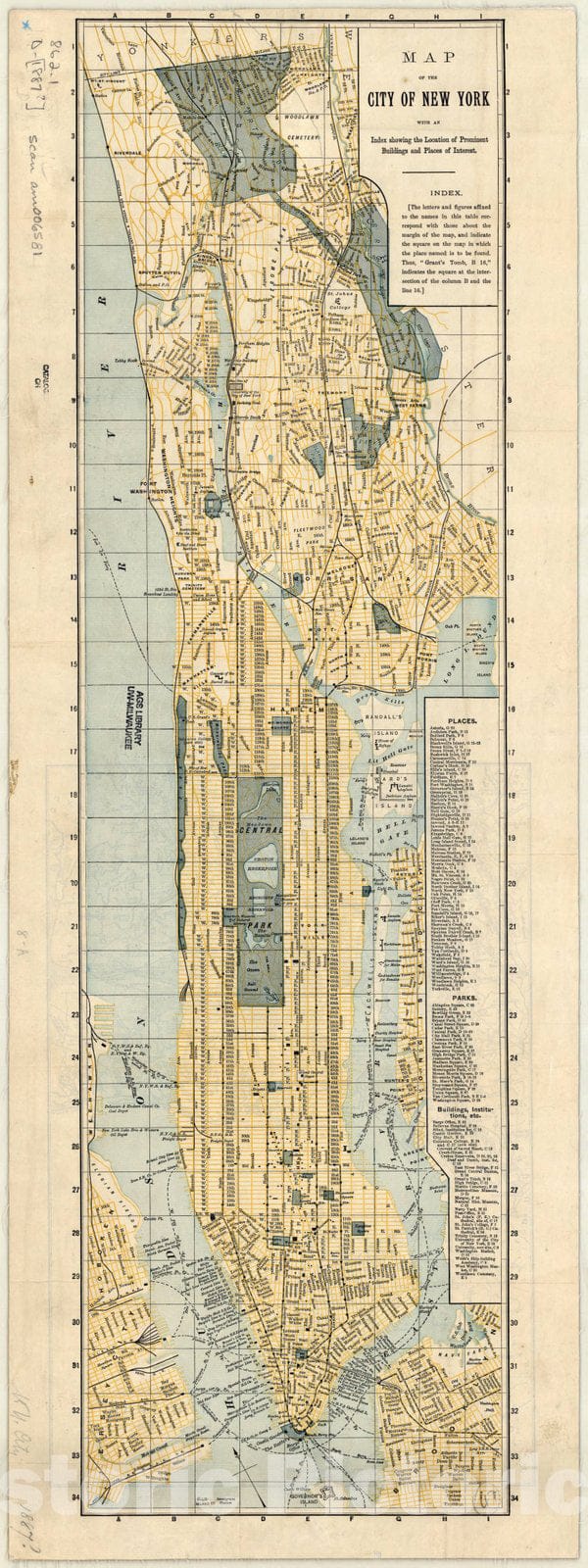 Map : New York City 1897, Map of the City of New York : with an index showing the location of prominent buildings and places of interest, Antique Vintage Reproduction