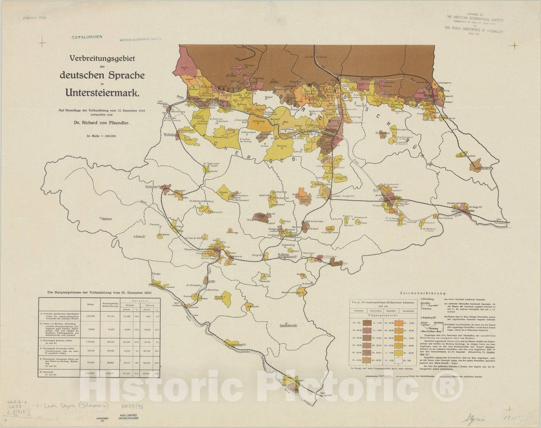 Map : Slovenia 1918, Verbreitungsgebiet der deutschen Sprache in Untersteiermark auf Grundlage der VolkszA?hlung vom 31. Dezember 1910 , Antique Vintage Reproduction