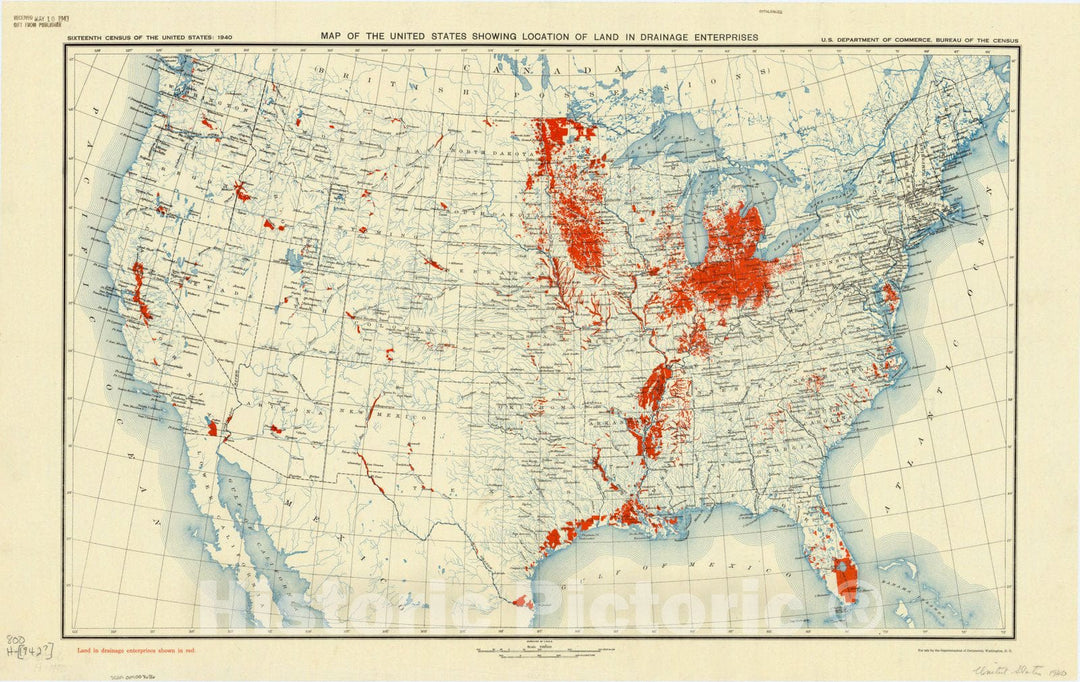 Map : United States 1942, Map of the United States showing location of land in drainage enterprises , Antique Vintage Reproduction