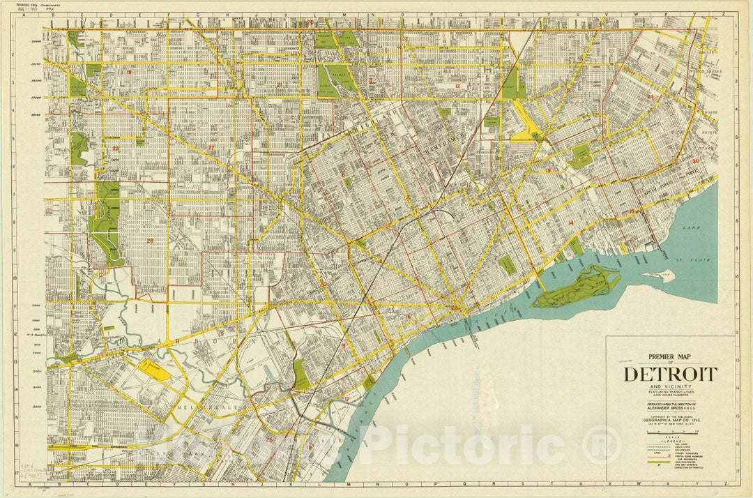 Map : Detroit, Michigan 1948, Premier map of Detroit and vicinity : featuring transit lines and house numbers, Antique Vintage Reproduction