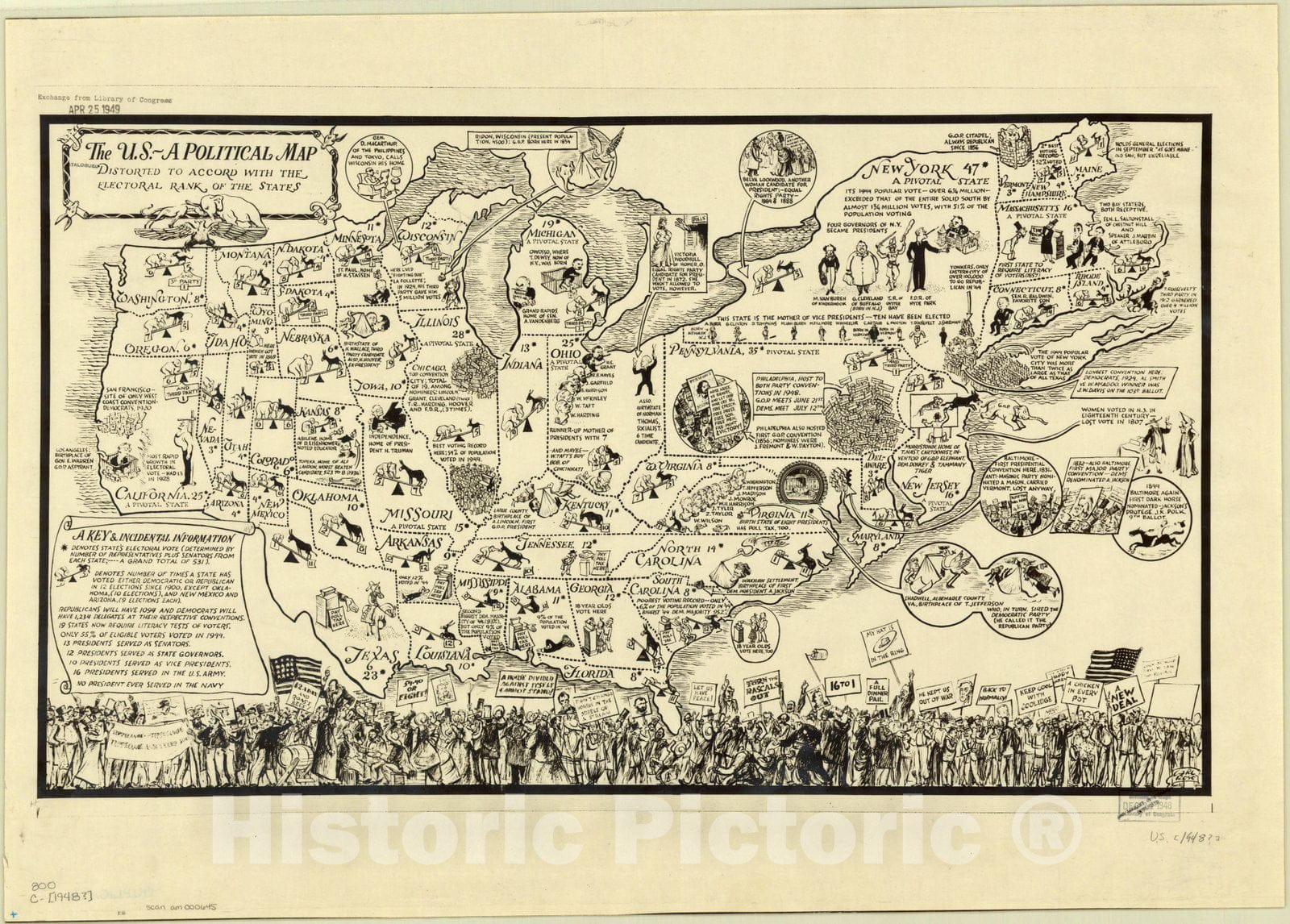 Map : United States 1948 1, The U.S. -- a political map ; distorted to accord with the electoral rank of the states , Antique Vintage Reproduction