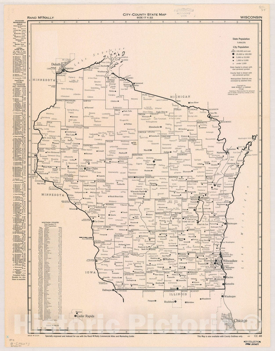 Map : Wisconsin 1950, City-county state map, size 17 x 22 : Wisconsin , Antique Vintage Reproduction