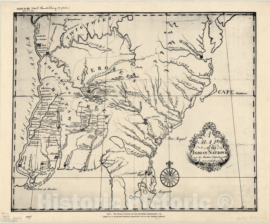 Map : United States 1766 1944, A map of the Indian nations in the Southern Department, 1766 , Antique Vintage Reproduction