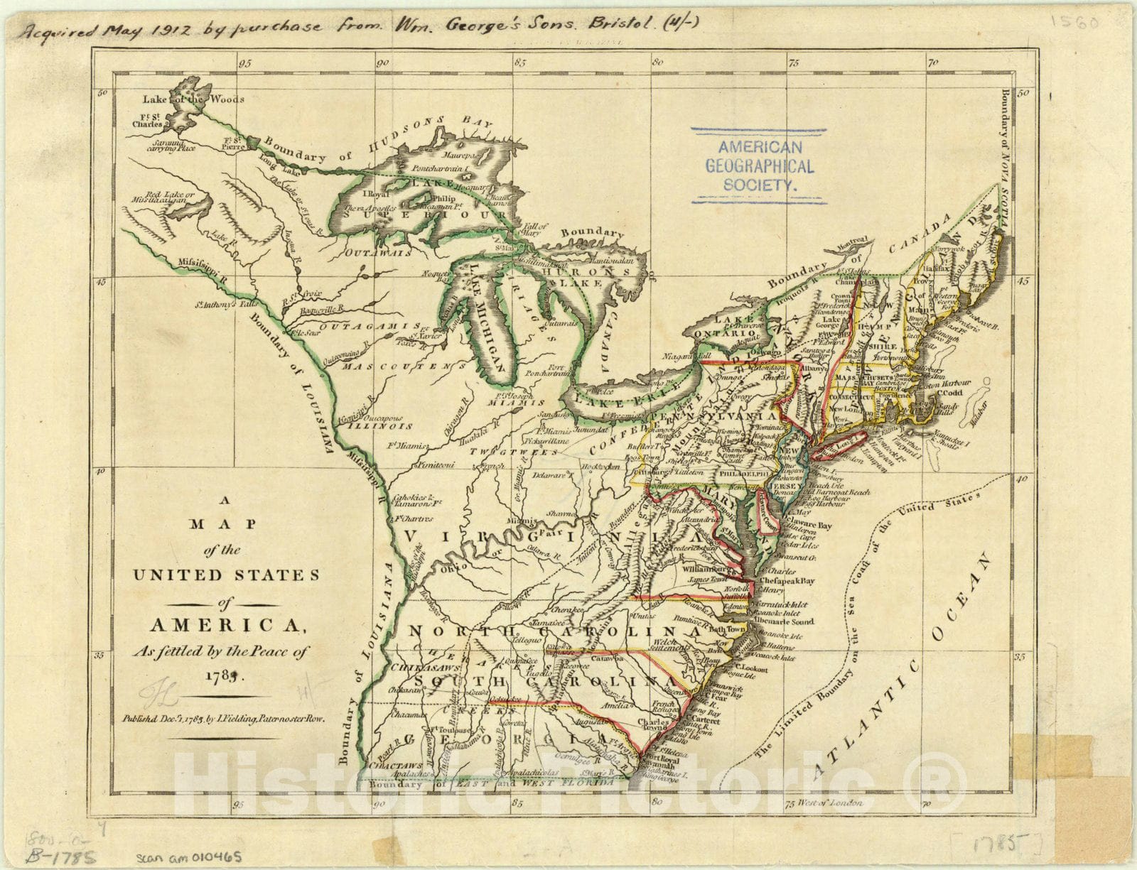 Map : United States 1785, A map of the United States of America, as settled by the peace of 1783, Antique Vintage Reproduction