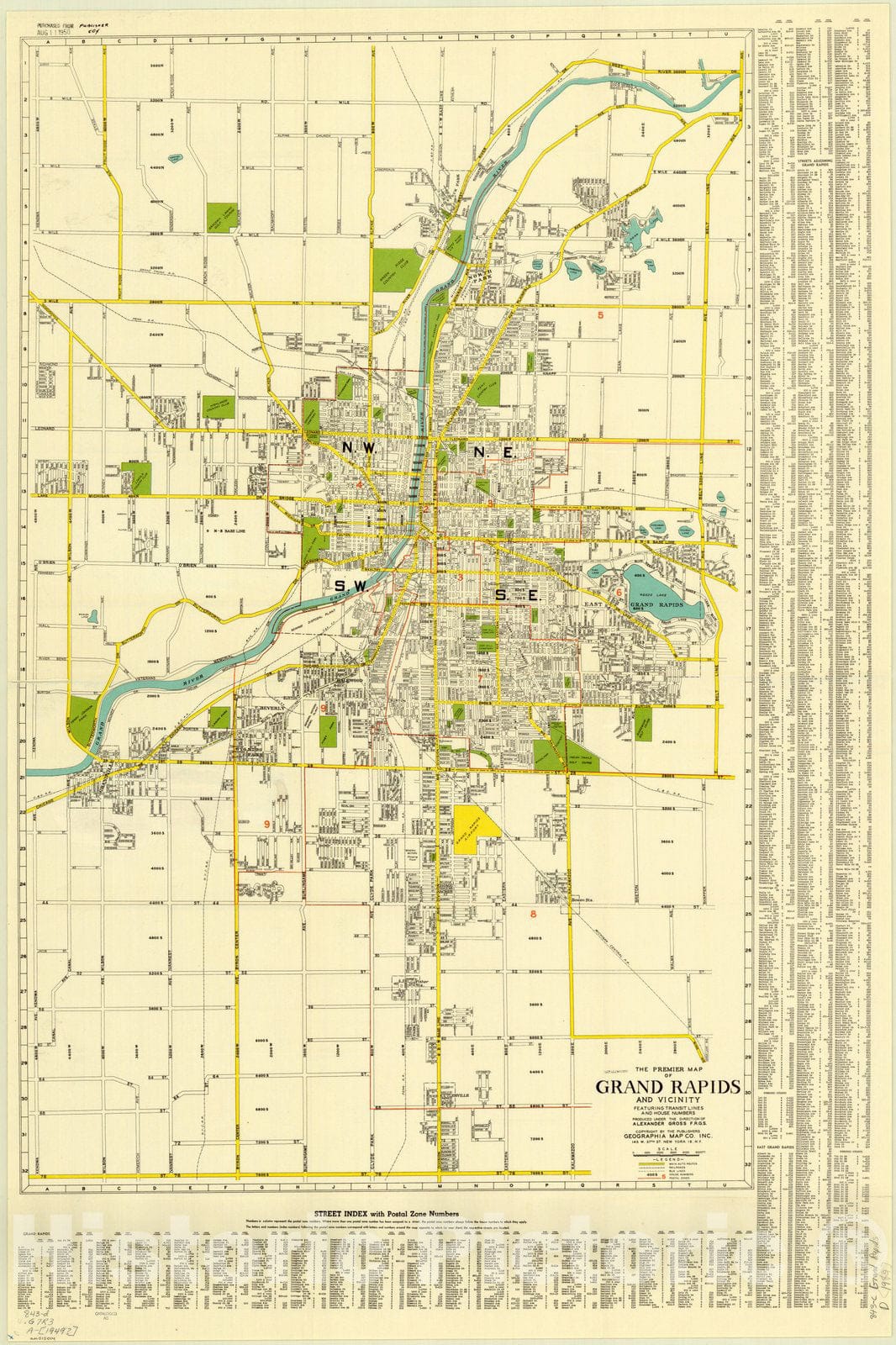 Map : Grand Rapids, Michigan 1949, The Premier map of Grand Rapids and vicinity : featuring transit lines and house numbers , Antique Vintage Reproduction