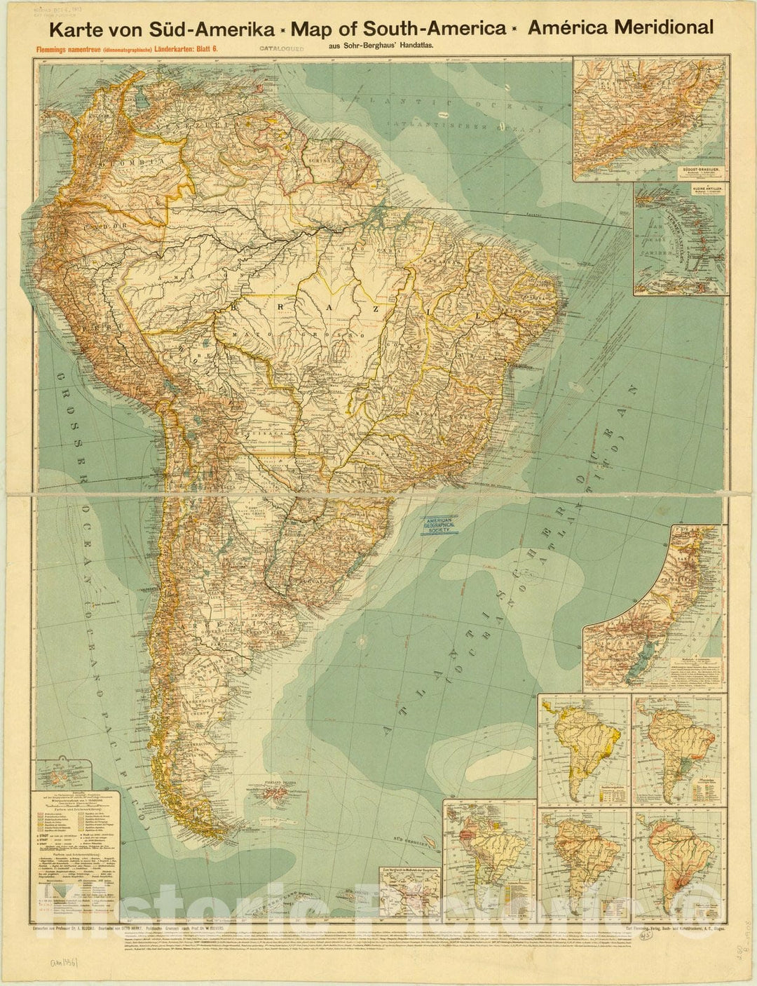 Map : South America 1905, Karte von Sud-Amerika, Map of South-America, America Meridional aus Sohr-Berghaus' Handatlas , Antique Vintage Reproduction