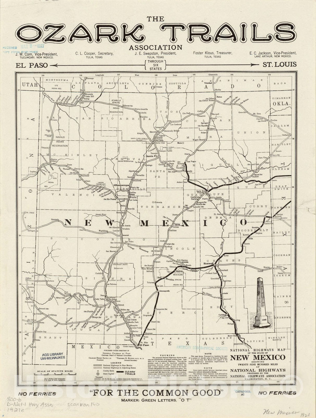 Map : New Mexico 1921 2, National highways map of the state of New Mexico : showing twenty-nine hundred miles of national highways, Antique Vintage Reproduction