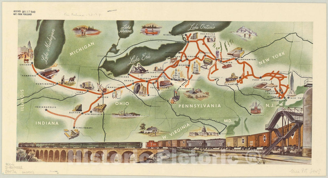 Map : United States c1940, [Map of the Erie Railroad from New York to Chicago and Cincinnati], Antique Vintage Reproduction