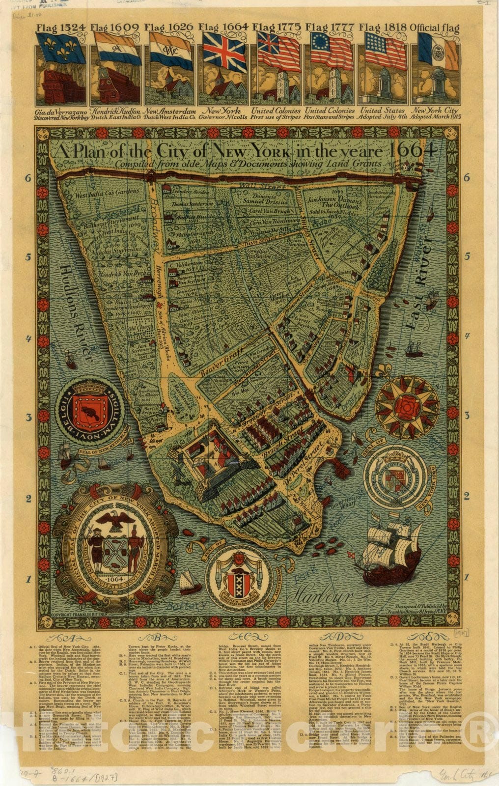 Map : New York, A plan of the city of New York in the yeare [sic] 1664 : compiled from olde maps & documents showing land grants , Antique Vintage Reproduction