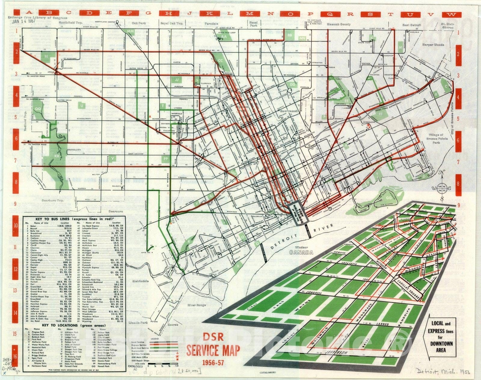 Map : Detroit, DSR service map 1956-57, Antique Vintage Reproduction