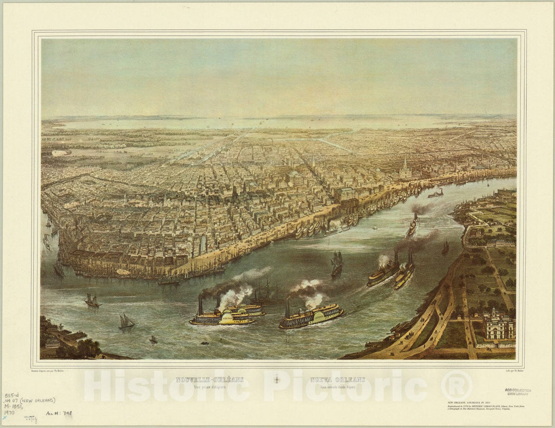 Map : New Orleans, Nouvelle-Orleans, vue prise d'Algiers, Nueva Orleans, vista tomada desde Algiers. , Antique Vintage Reproduction