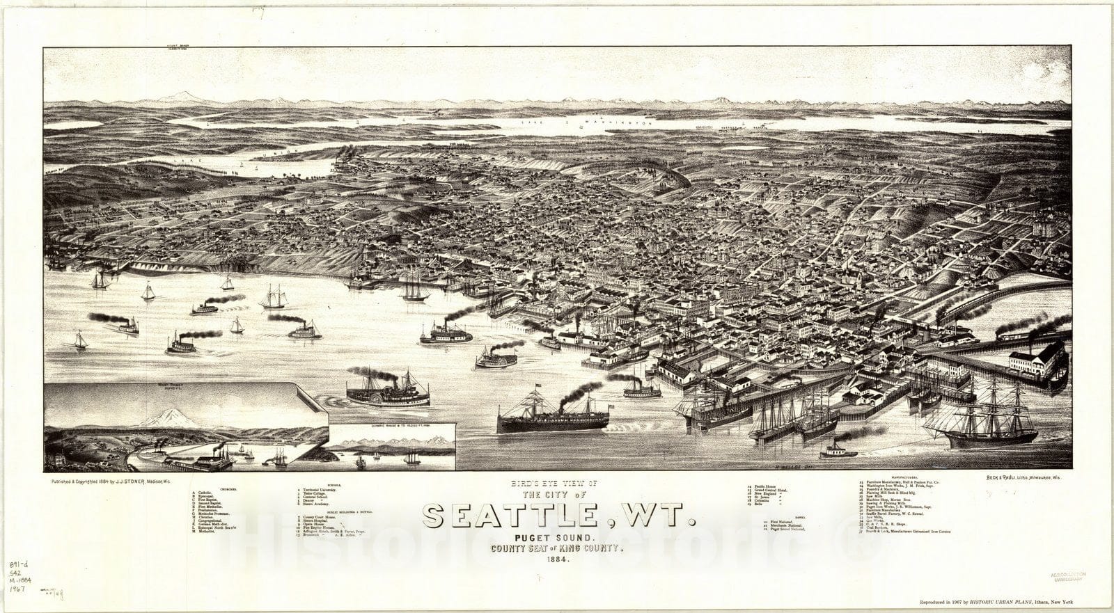 Historic Map : Seattle, , Bird's eye view of the city of Seattle, W.T., Puget Sound, county seat of King County 1884. H. Wellge, del. Beck & Pauli, litho, Antique Vintage Reproduction