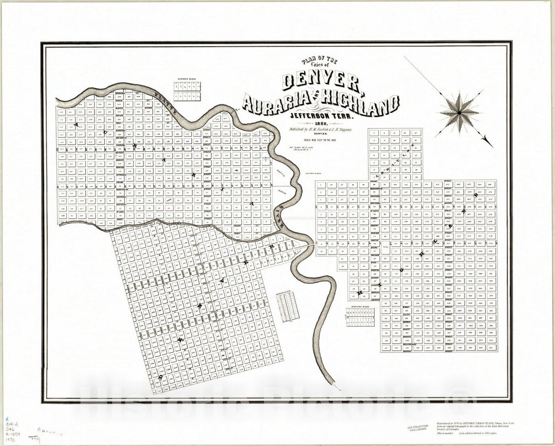 Historic Map : Denver, Colorado 1859 1970, Plan of the cities of Denver, Auraria and Highland, Jefferson Terr. Published by H. M. Fosdick & L. N. Tappan, Antique Vintage Reproduction