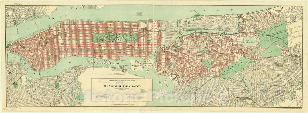 Map : Manhattan and the Bronx 1913, Boroughs of Manhattan and the Bronx showing the distributing mains of the New York Edison Company, Antique Vintage Reproduction