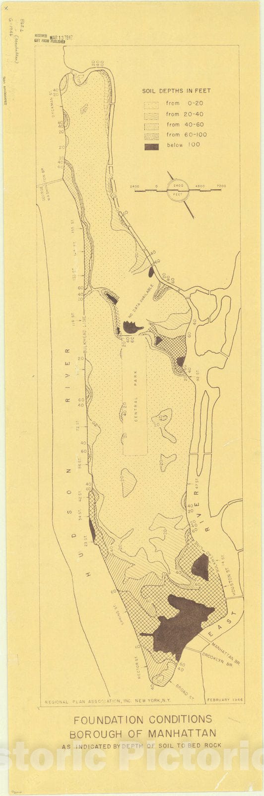 Map : Manhattan 1946, Foundation conditions, Borough of Manhattan as indicated by depth of soil to bed rock , Antique Vintage Reproduction