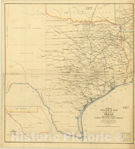 Map : Texas 1876, Preliminary post route map of the state of Texas : with adjacent parts of Louisiana, Arkansas and Indian Territory , Antique Vintage Reproduction