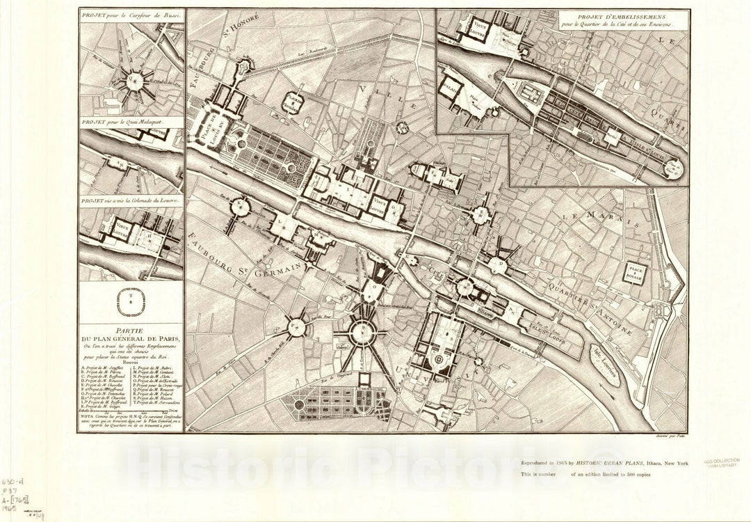 Map : Paris, France 1765 1965, Partie du plan general de Paris : ou l'on a trace les differents emplacemens qui ont ete choisis pour placer la statue equestre du roi