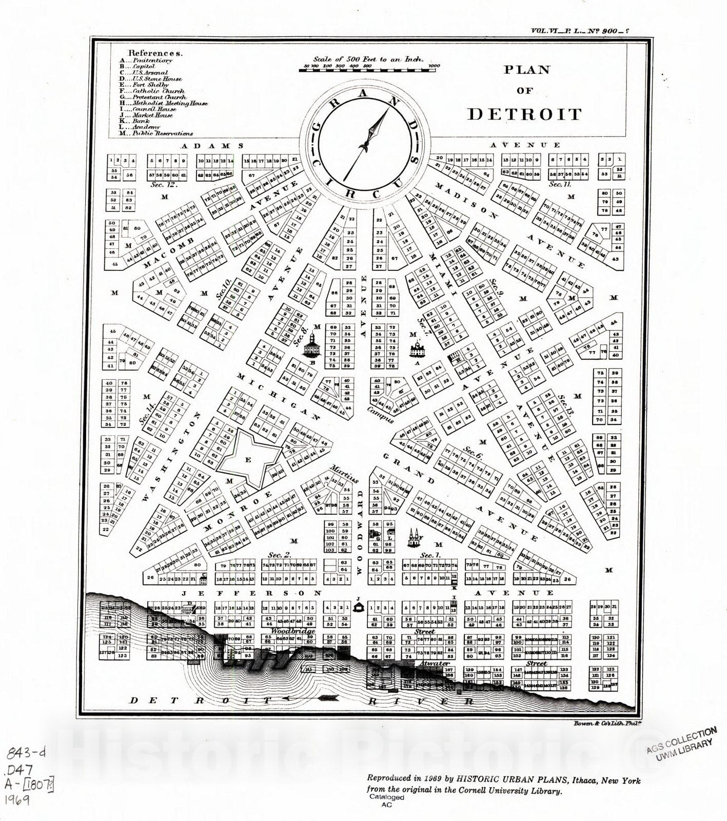 Map : Detroit 1807, Plan of Detroit, Antique Vintage Reproduction