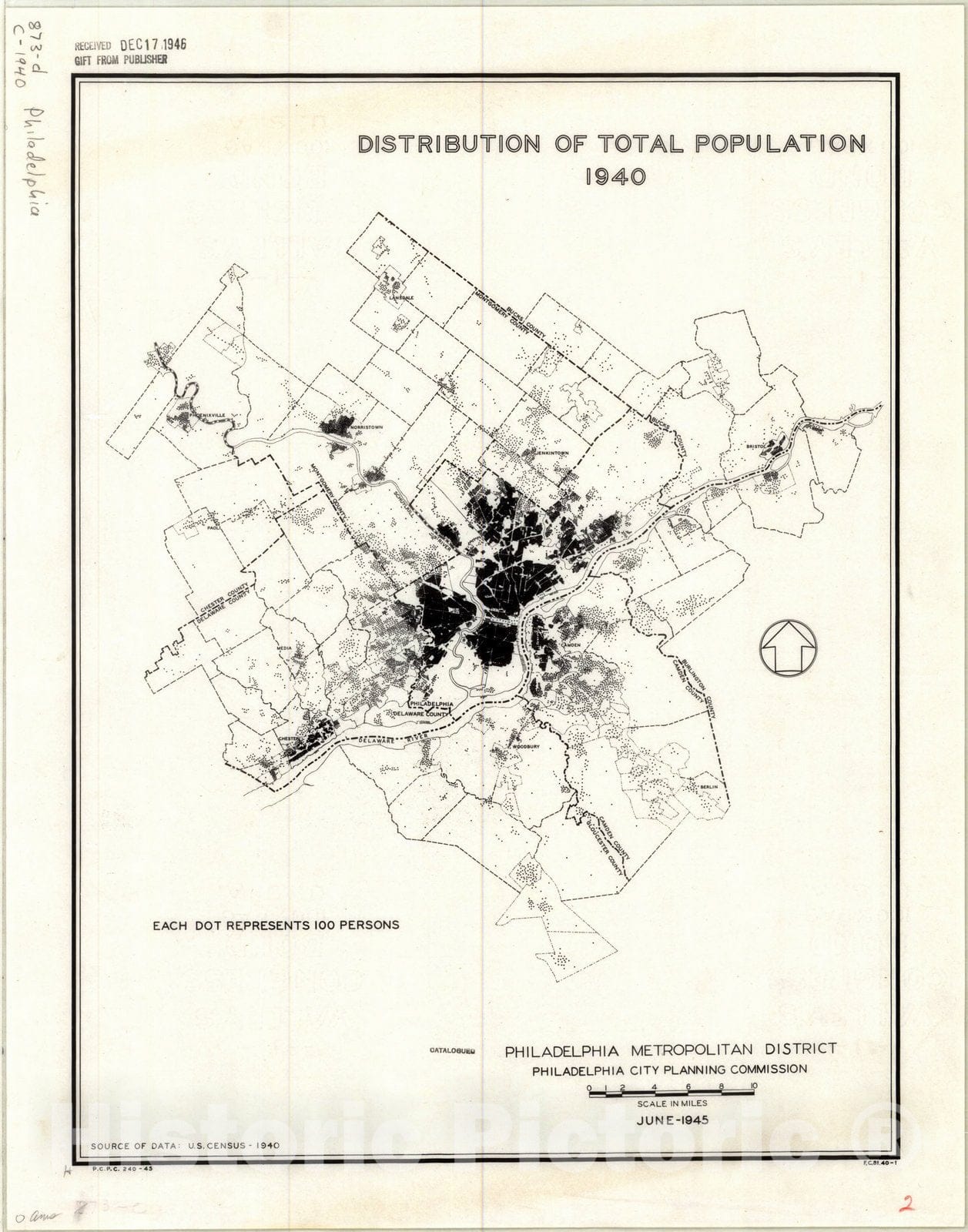 Map : Philadelphia, Distribution of total population, 1940, Philadelphia metropolitan district, Antique Vintage Reproduction