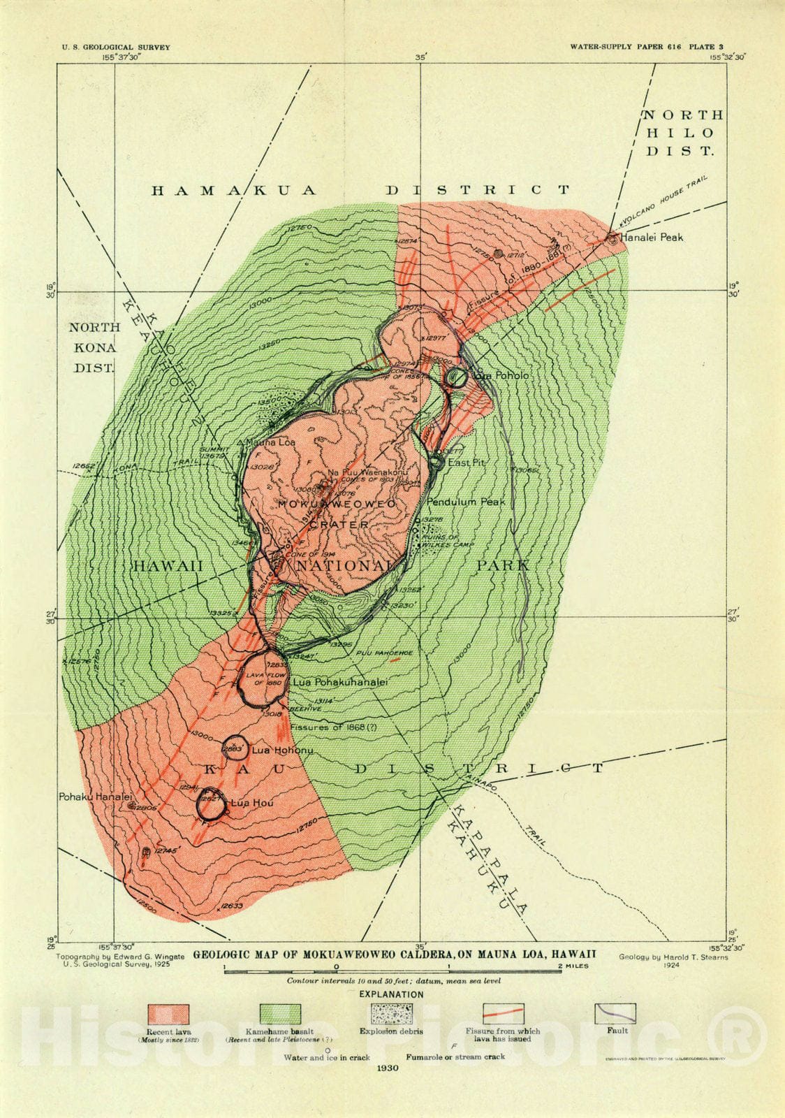 Map : Mauna Loa, Hawaii , Geologic map of Mokuaweoweo Caldera, on Mauna Loa, Hawaii , Antique Vintage Reproduction