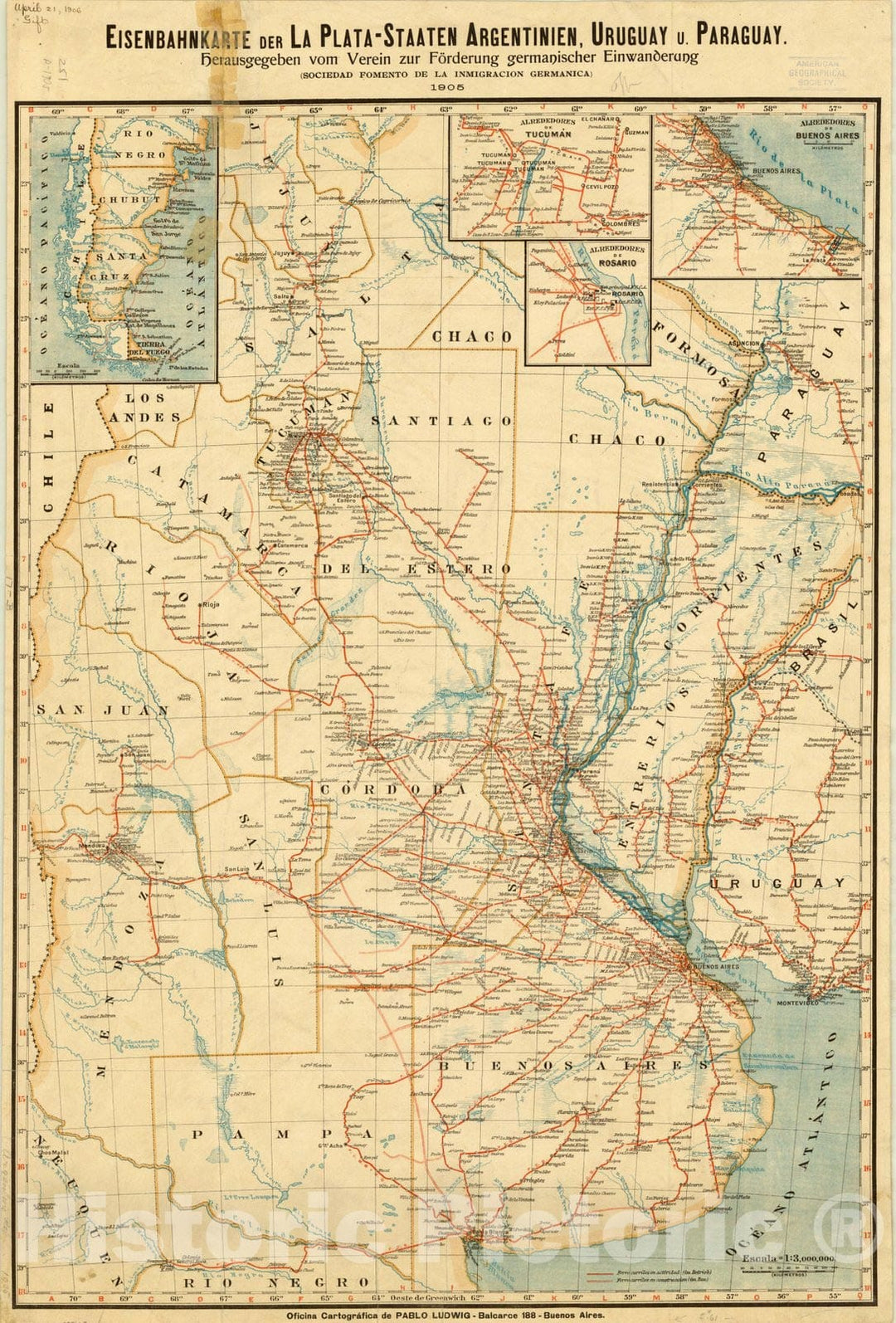 Map : La Plata (Argentina, Uruguay, Paraguay) 1905, Eisenbahnkarte der La Plata - Staaten Argentinien, Uruguay u. Paraguay , Antique Vintage Reproduction