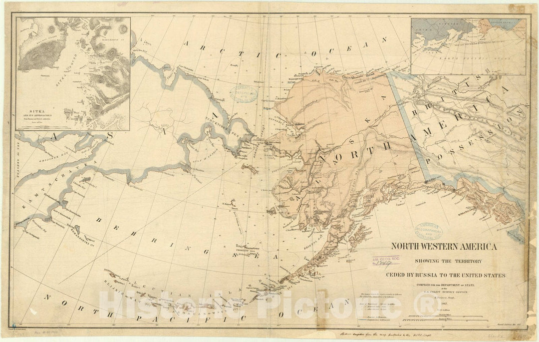 Historic Nautical Map - Northwestern America Showing The Territory Ceded By Russia To The United States, AK, 1867 NOAA Base Historic Nautical Map - Vintage Wall Art