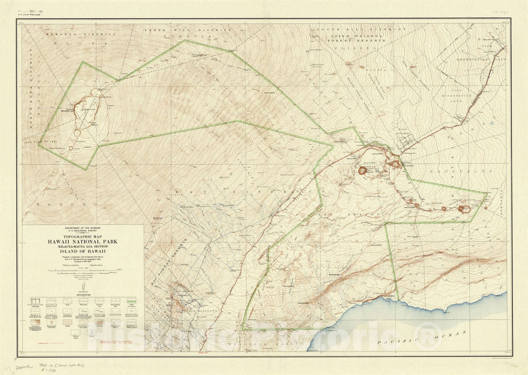 Map : Hawaii 1933, Topographic map, Hawaii National Park (Kilauea-Mauna Loa section) Island of Hawaii , Antique Vintage Reproduction