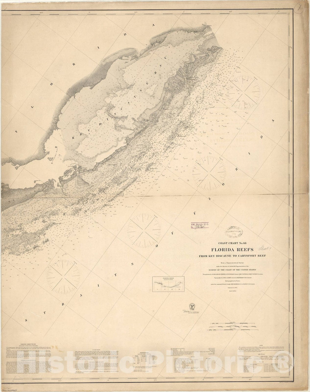 Map : Florida Keys, Florida 1861, Preliminary coast chart No. 68, Florida reefs from Key Biscayne to Carysfort Reef , Antique Vintage Reproduction