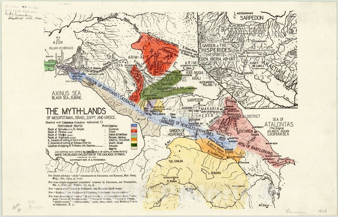 Map : Caucusus 1929, The Myth-Lands of Mesopotamia, Israel, Egypt and Greece , Antique Vintage Reproduction