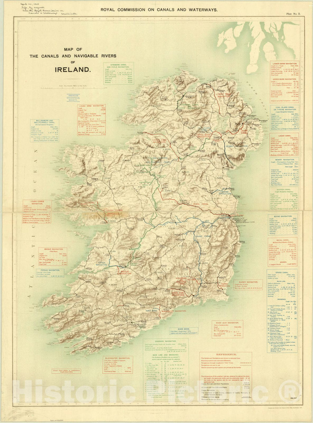 Map : Ireland 1907, Map of the canals and navigable rivers of Ireland, Antique Vintage Reproduction