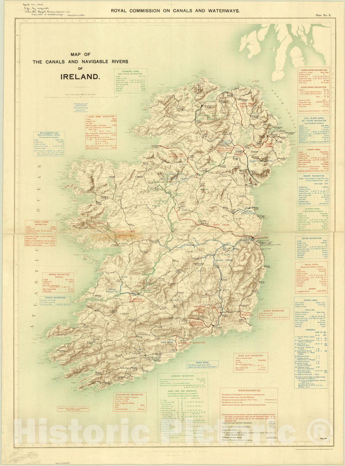 Map : Ireland 1907, Map of the canals and navigable rivers of Ireland, Antique Vintage Reproduction