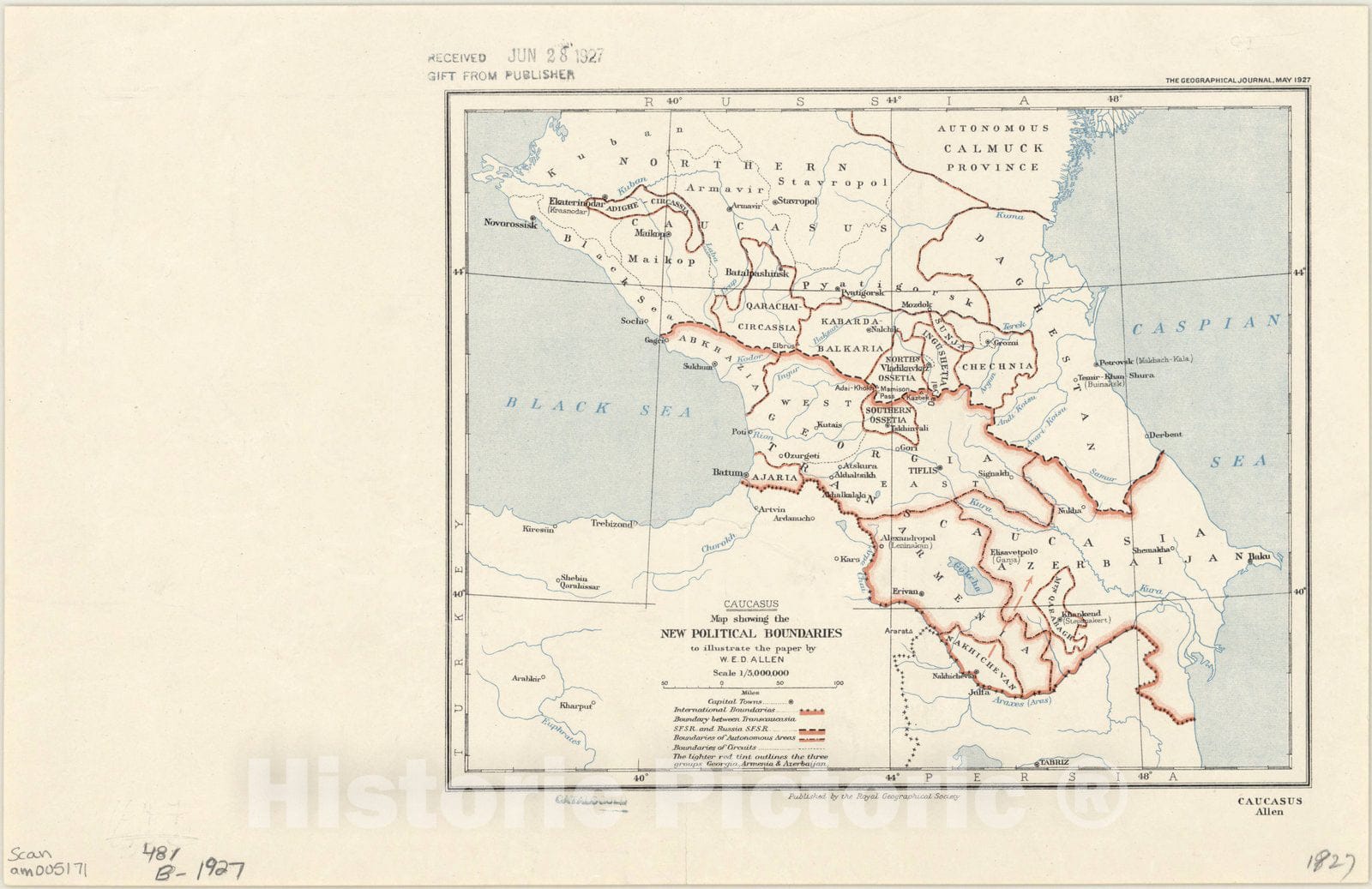 Map : Caucasus 1927, Caucasus : map showing the new political boundaries to illustrate the paper by W.E.D. Allen , Antique Vintage Reproduction