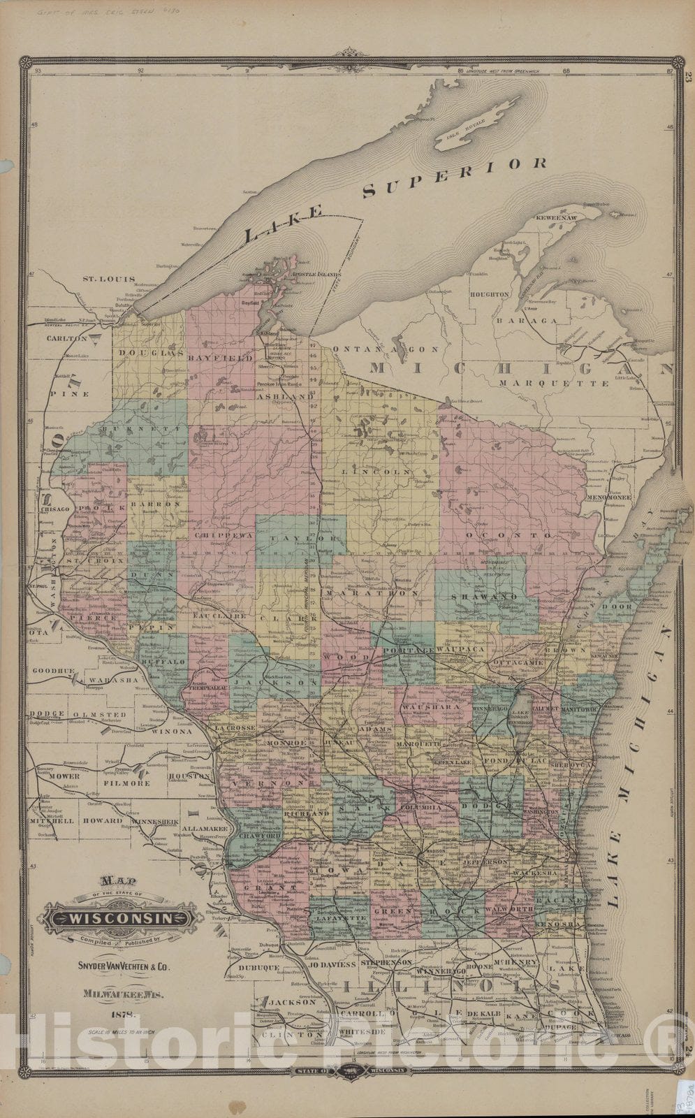 Map : Wisconsin 1877, Map of the state of Wisconsin , Antique Vintage Reproduction