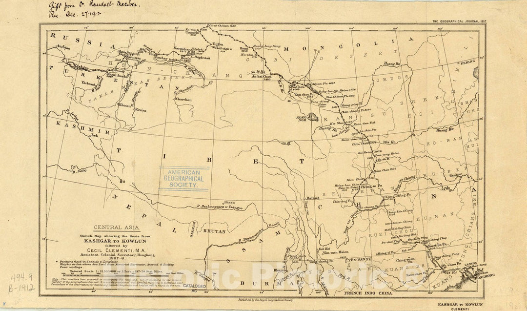 Map : Central Asia 1912, Central Asia sketch map showing the route from Kashgar to Kowlun followed by Cecil Clementi, 1907-08 , Antique Vintage Reproduction